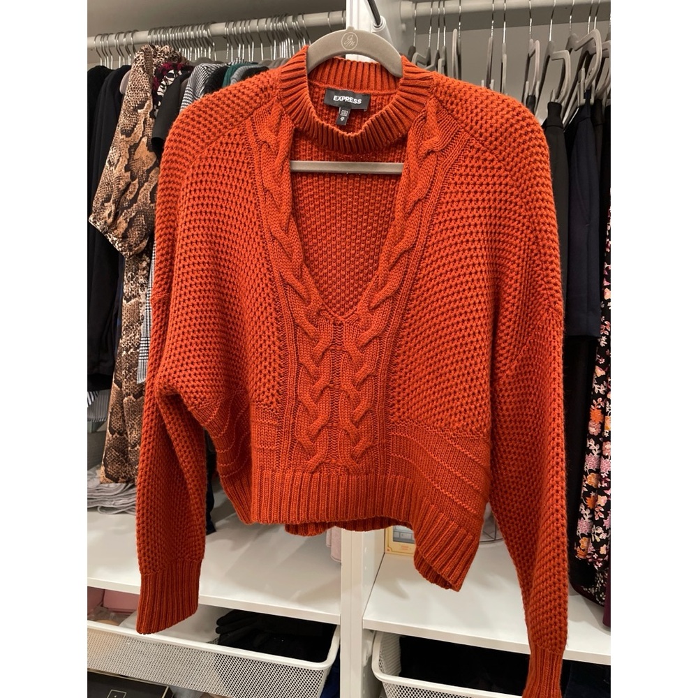 Express V-Neck Cable Knit Sweater with Mock Neck